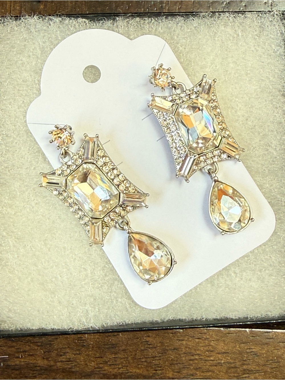Vintage Iridescent Crystal Drop Earrings - Clear/Gold